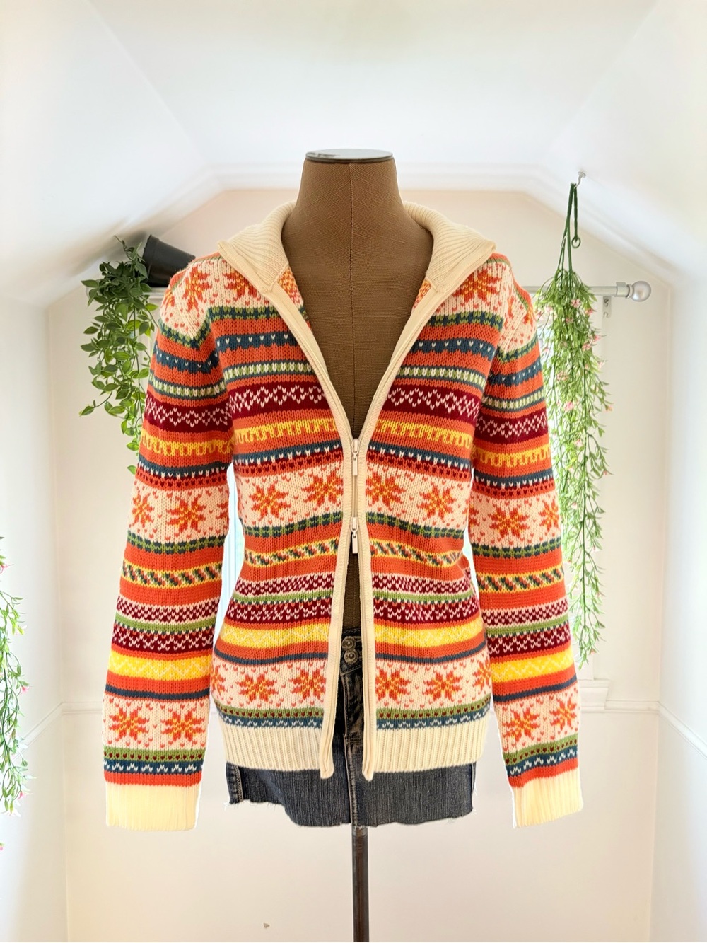 Cream Fair Isle Zip Cardigan with Multi-Color Stripes